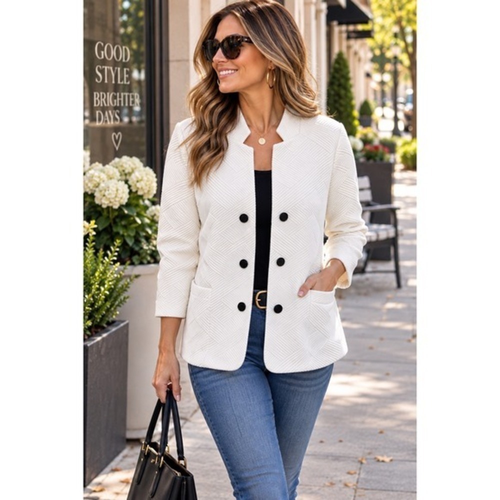 White Textured Geometric Open Front Blazer Jacket Womens Large NWOT
+ Stretch